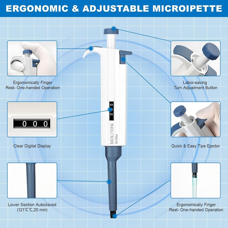 CryoKing Store Micropipette, 20-200ul Adjustable Single Channel Pipette, Manual Variable Volume Pipettor for Laboratory Scientific - Image 2